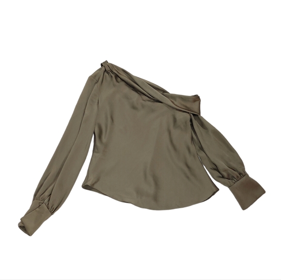 Jonathan Simkhai Olive Green Alice One-shoulder Draped Satin-Like Blouse - Picture 8 of 15